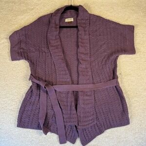 Sonoma Life Style Purple Cable Knit Short Sleeve Cardigan Sweater Tie Belt SZ LG
